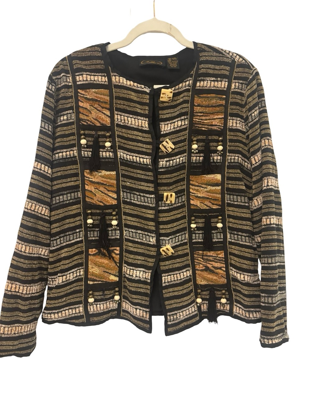 Allure VTG Earthy Artsy Boho Black Gold Brown Beaded Open-Front Jacket Medium